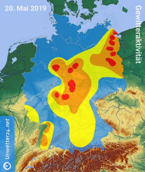 Zugbahnen der Gewitter am 20. Mai 2019