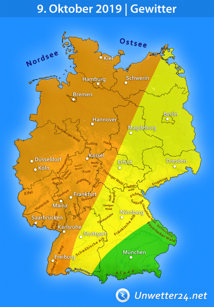 Tief Peter bringt am 9. Oktober 2019 Schauer und Gewitter