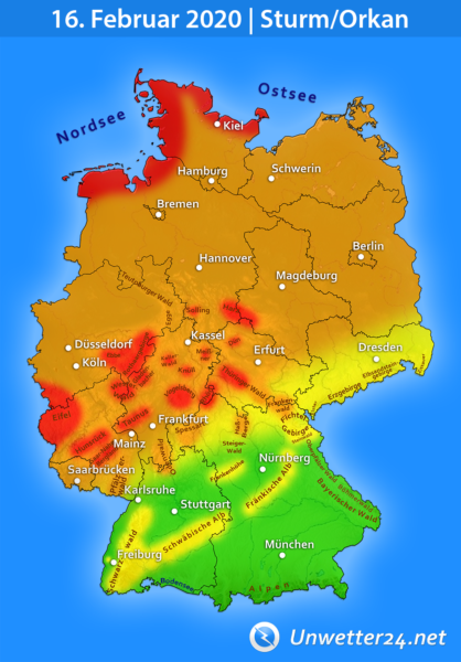 Sturm durch Tief Victoria am 16. Februar 2020