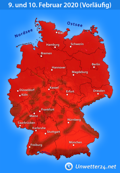 Vorläufige Karte Orkanlage 9. und 10. Februar 2020