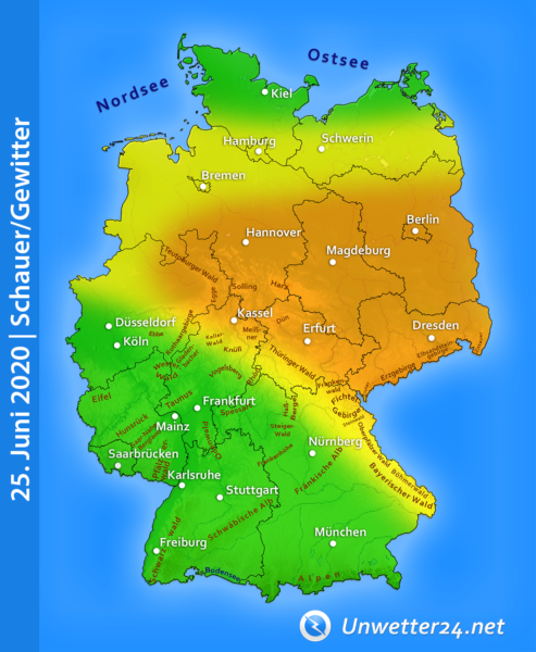 Tief Rosemarie bringt am 25. Juni 2020 Gewitter