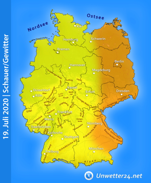 Tief Anja bringt am 19. Juli 2020 Gewitter