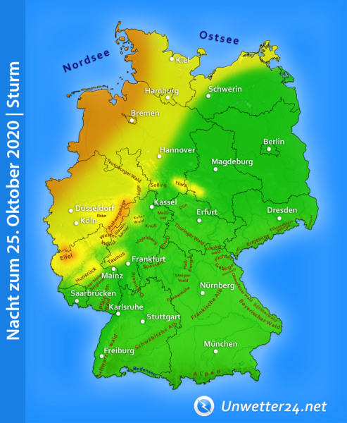 Sturmtief Lucy Nacht zum 25. Oktober 2020