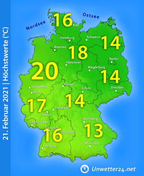 Temperaturen am 21. Februar 2021