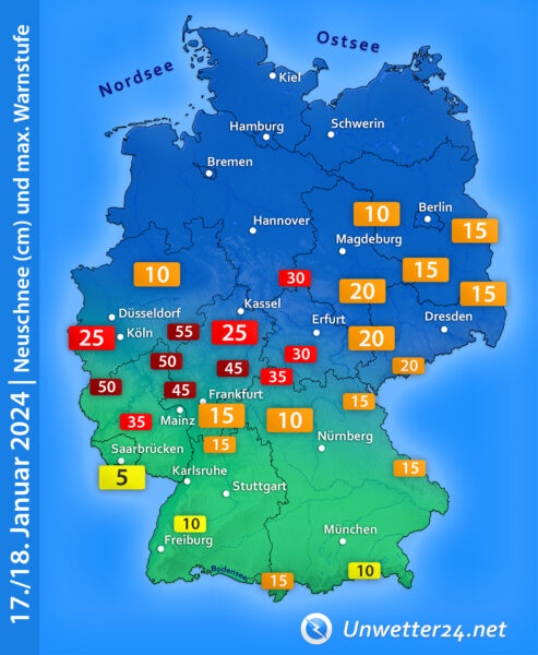 Neuschnee und Warnstufe 17. und 18. Januar 2024