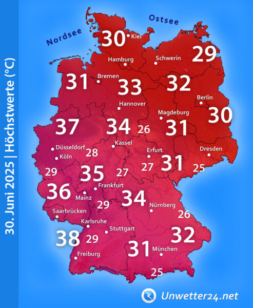 Extreme Hitze bis 38 Grad am 30. Juni 2025