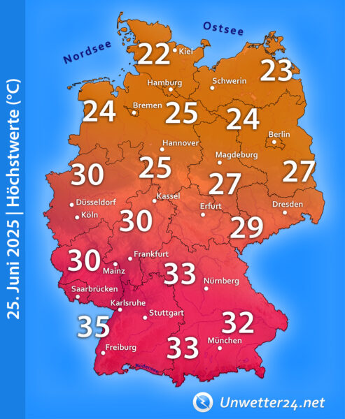 Hitze bis 35 Grad 25. Juni 2025